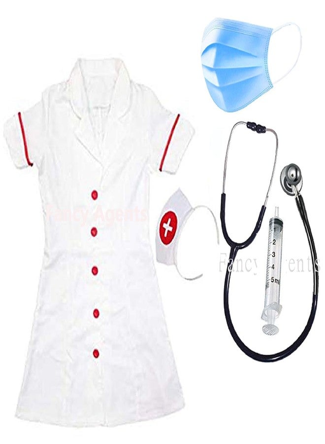 Fancy Agents Nurse dress for Girls| Nurse Costumes for kids fancy dress costumes for kids with stethoscope, mask, injection and headgear for school events 4-5 Years - Image 1